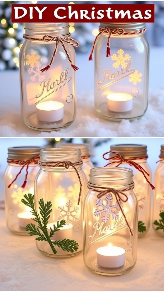 DIY Christmas lanterns made from mason jars, decorated with twine and illuminated with tea lights.